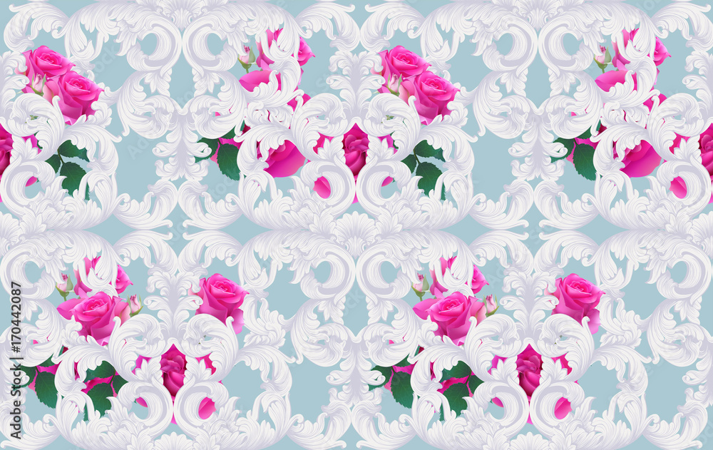 Luxury Baroque ornament with roses flowers background Vector. Delicate Rich imperial intricate elements. Victorian Royal style pattern
