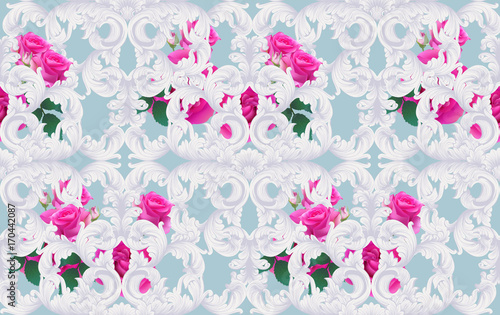 Luxury Baroque ornament with roses flowers background Vector. Delicate Rich imperial intricate elements. Victorian Royal style pattern