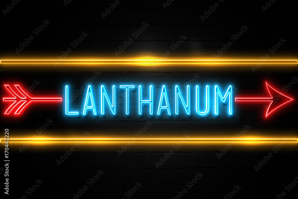 Lanthanum  - fluorescent Neon Sign on brickwall Front view