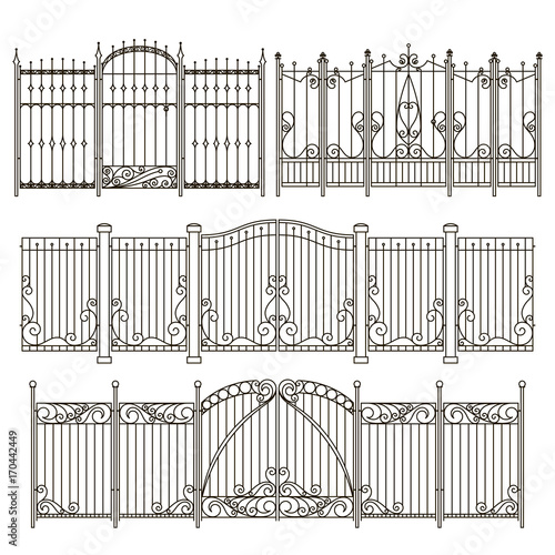 Iron gate and fence design with different decorative elements. Vector illustrations