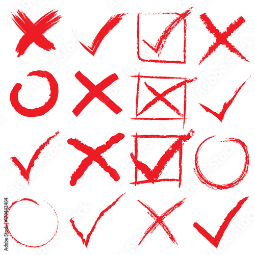 Cross and Hook, Check Mark Collection. Icons Set, Black on White Background. Vector Illustration.