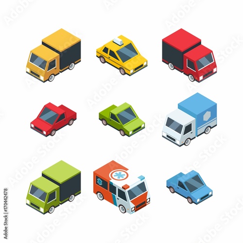 Set of isometric cartoon-style city cars