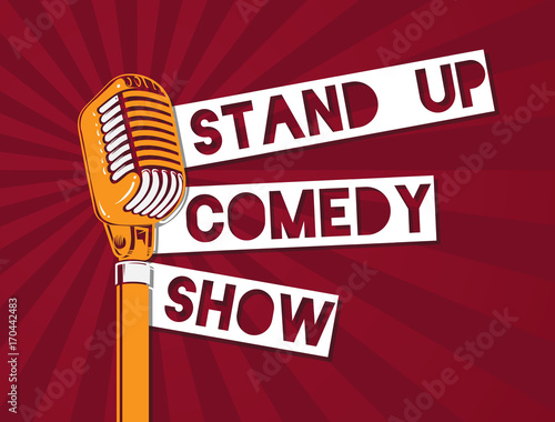 Vector stand up comedy microphone illustration on sunburst background