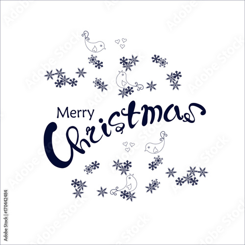 Dark blue lettering Merry Christmas in snowflake and birds wreath on white stock vector illustration