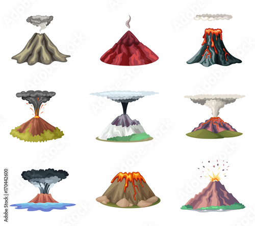 Vector illustrations set of mountains and hot explosion of volcano