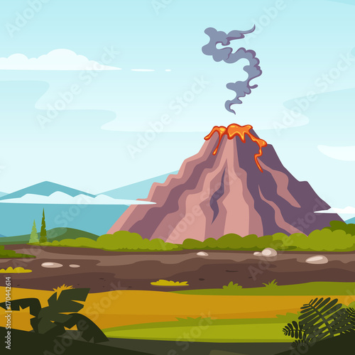 Wild landscape with volcano and lava. Cartoon background for game design projects