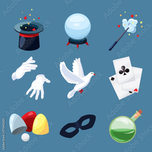 Magician icons set. Surprise vector illustrations in cartoon style. Magic wand, mystery book, cylinder