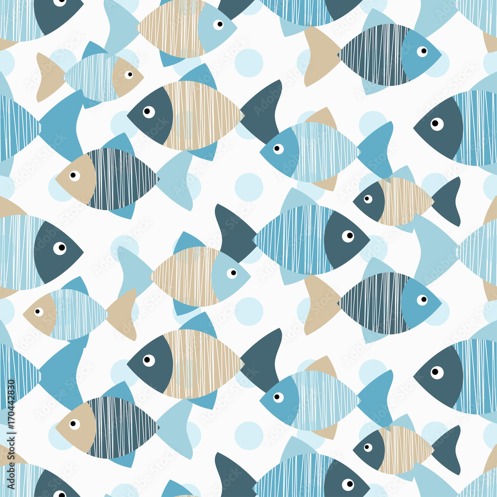 Seamless vector background with decorative fish. Scribble texture. Textile rapport.