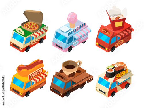 Vector isometric pictures set of different food trucks on the street