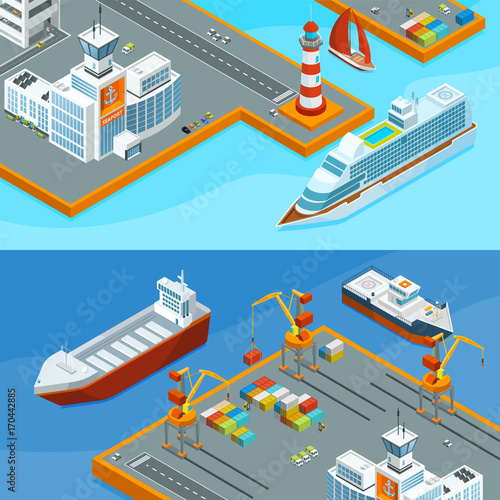 Horizontal vector banners with sea ships in port