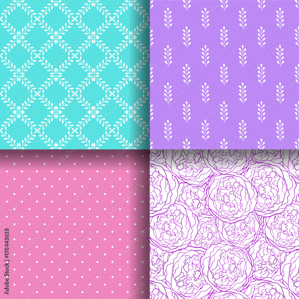 Set of seamless patterns. Polka dot, peony, floral motifs. Hand drawn decorative backgrounds. Ideal patterns for fabric, paper, web pages or oth. Set of seamless patterns. Polka dot, peony, floral motifs. Hand drawn decorative backgrounds. Ideal patterns for fabric, paper, web pages or oth.