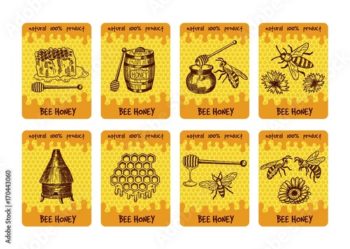 Labels design for packaging of honey products. Illustrations of honey and honeycomb