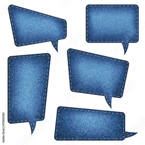 Speech bubbles set, denim texture, blue jean craft stick