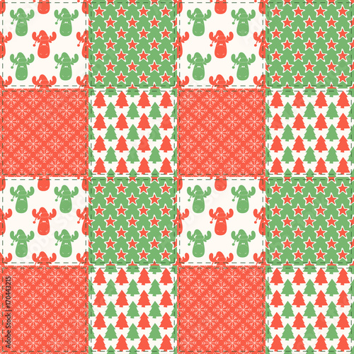 Seamless patchwork background with typically Christmas and New Year pattern with christmas tree, stars, snowflakes, cartoon reindeer face in Sants's hat