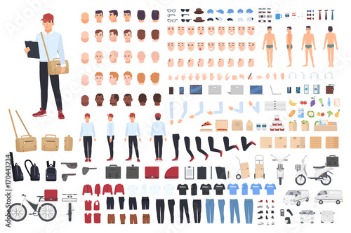 Delivery man creation set or building kit. Bundle of cartoon character s body parts in different postures, details, tools isolated on white background. Vector illustration front, side, back view.