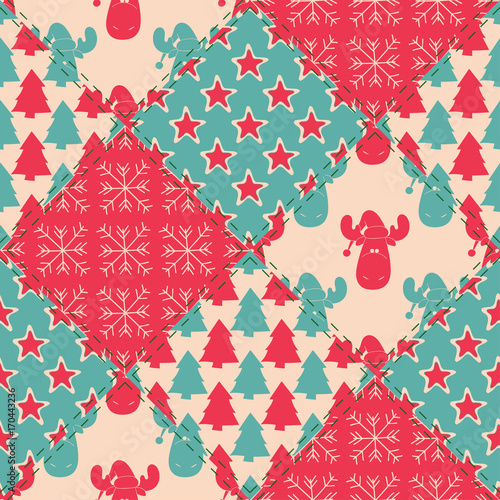 Seamless patchwork background with typically Christmas and New Year pattern with christmas tree, stars, snowflakes, cartoon reindeer face in Sants's hat