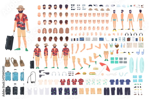 Tourist creation set or DIY kit. Collection of cartoon character s body parts, face with different emotions and skin colors isolated on white background. Vector illustration front, side, back view