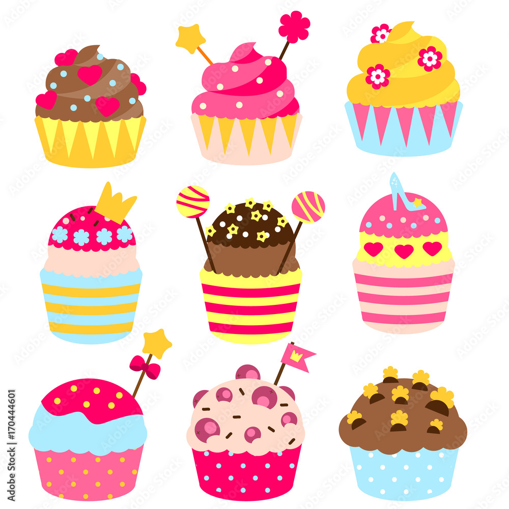 Princess cupcakes decorated with crown, hearts, candies, sweets. Bakery in pink, yellow colors. Birthday Party pastry food for girls Princess cupcakes decorated with crown, hearts, candies, sweets. Bakery in pink, yellow colors. Birthday Party pastry food for girls