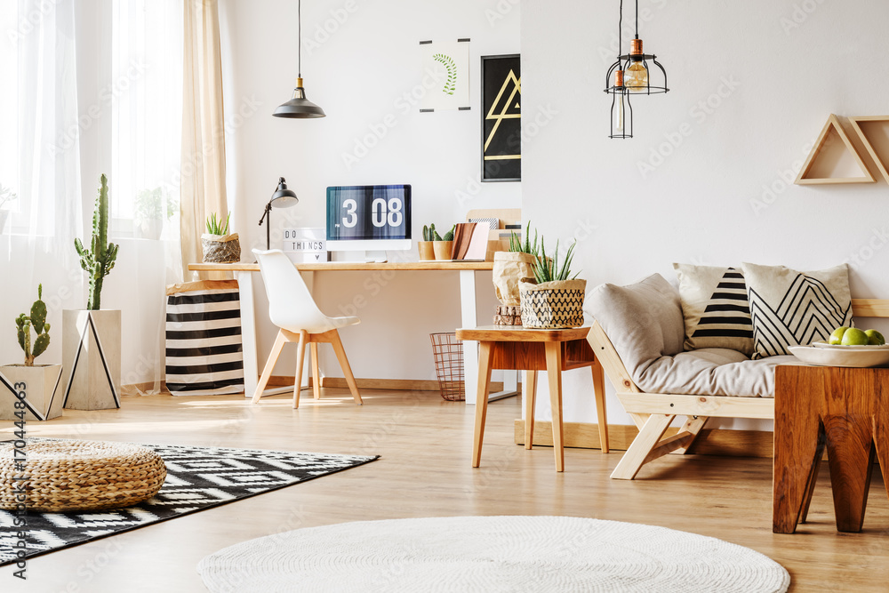 Home workspace with wooden furniture - obrazy, fototapety, plakaty 