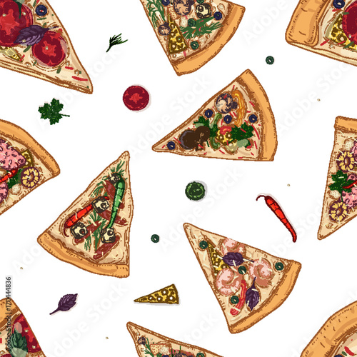 Seamless pattern with slices of different pizza types and ingredients scattered around on white background
