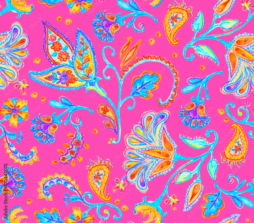 Hand drawn floral seamless pattern (tiling). Colorful watercolor  seamless pattern with whimsical flowers, paisley, leaves on bright pink background. Oriental illustration for textile design.