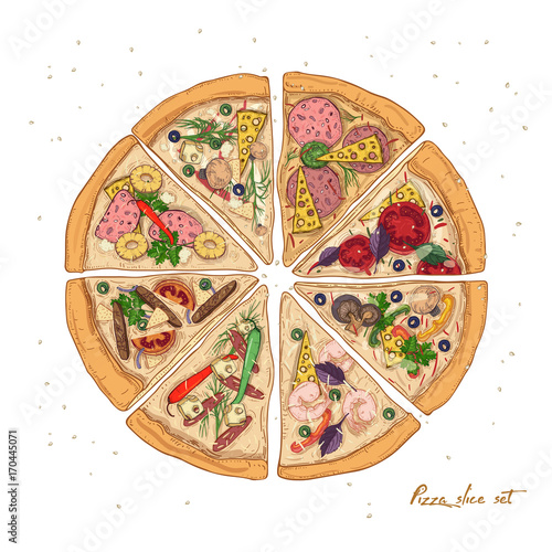 Set of slices of different pizza types with various ingredients isolated on white background - Pepperoni, Hawaiian, Seafood, Vegetarian. Vector illustration for restaurant or pizzeria menu.