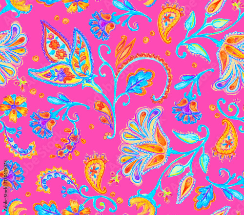 Hand drawn floral seamless pattern  tiling . Colorful watercolor  seamless pattern with whimsical flowers  paisley  leaves on bright pink background. Oriental illustration for textile design.