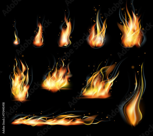 Vector isolated set of transparent realistic flame effects. Black background