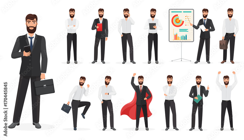 Set of happy businessman character with different poses and actions. Constructor cartoon vector illustration. Set of happy businessman character with different poses and actions. Constructor cartoon vector illustration.