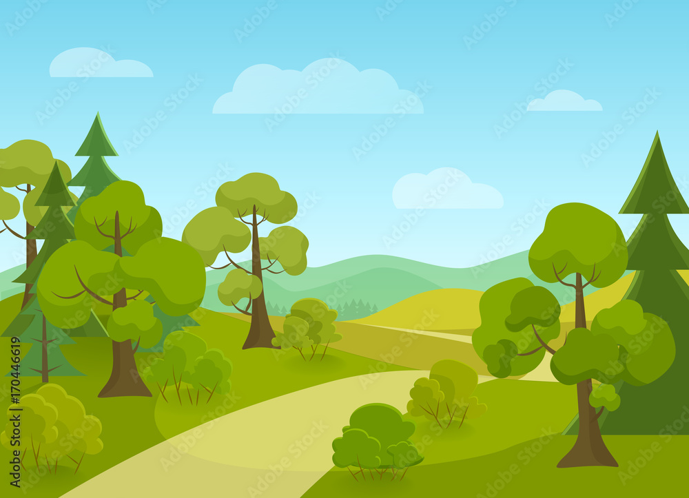 Natural landscape with village road and trees. Cartoon vector illustration. Natural landscape with village road and trees. Cartoon vector illustration.