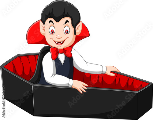 Cartoon happy vampire in his coffin