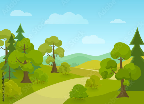 Natural landscape with village road and trees. Cartoon vector illustration.