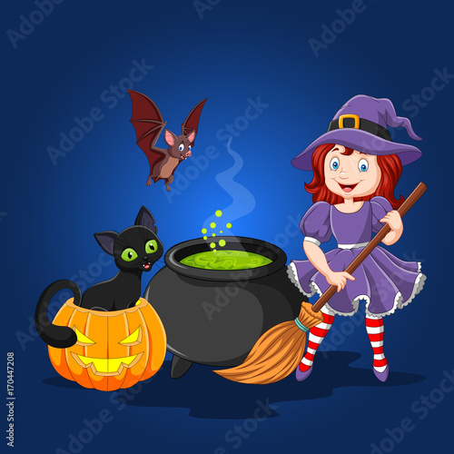 Cartoon witch holding broomstick