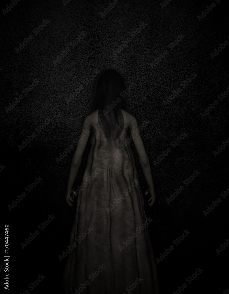 3d illustration of scary ghost woman in the dark,Horror background,mixed media 