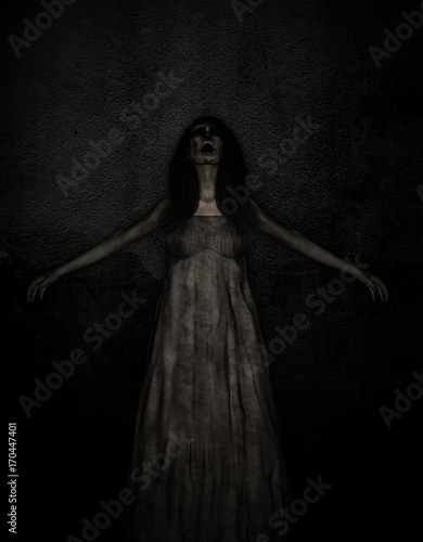 Fotografi 3d illustration of scary ghost woman in the dark,Horror background,mixed media