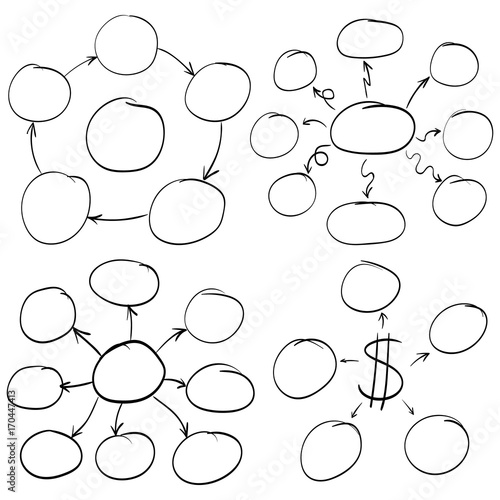 Hand drawn mind mapping, schema with circles and arrows, sketch of infographic in the form of circle process diagram vector illustration, highlighting frames sketch idea and plan.