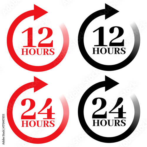 twenty four hour and twelve hour icons set, red and black colors