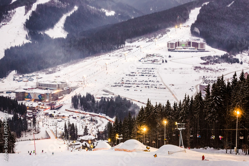 Winter landscape, view from the top of the mountain. Ski resort Bukovel, Ukraine