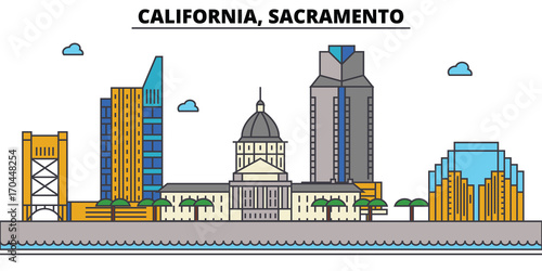California, Sacramento.City skyline: architecture, buildings, streets, silhouette, landscape, panorama, landmarks. Editable strokes. Flat design line vector illustration concept. Isolated icons