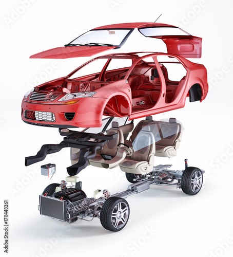 Generic sedan car, technical exploded illustration