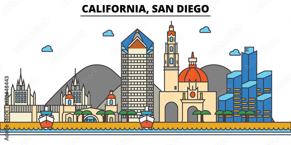 California, San Diego.City skyline: architecture, buildings, streets, silhouette, landscape, panorama, landmarks. Editable strokes. Flat design line vector illustration concept. Isolated icons