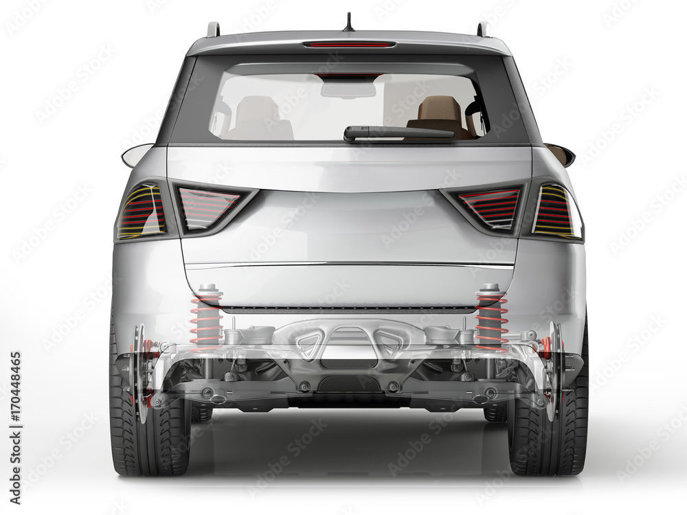 Suv rear suspension system in ghost effect. Back view.