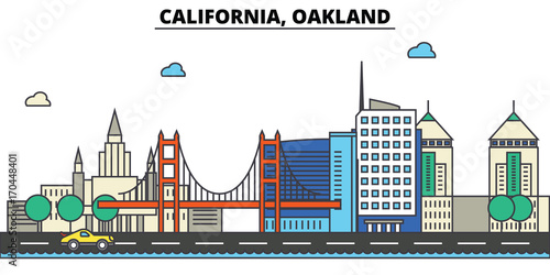 California, Oakland.City skyline: architecture, buildings, streets, silhouette, landscape, panorama, landmarks. Editable strokes. Flat design line vector illustration concept. Isolated icons