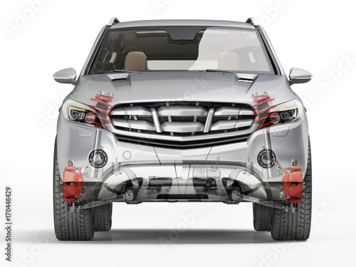 Billede på lærred Suv front suspension system in ghost effect. Front view.