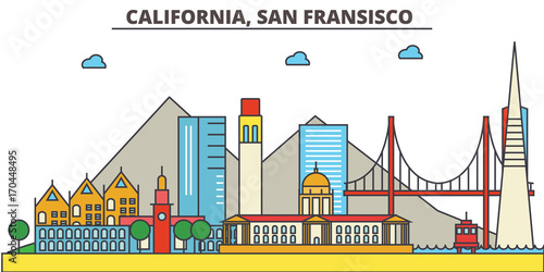 California, San Francisco.City skyline: architecture, buildings, streets, silhouette, landscape, panorama, landmarks. Editable strokes. Flat design line vector illustration concept. Isolated icons