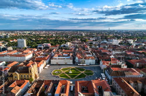 Fotografie Union Square Timisoara under beautiful blue cloudy sky - HDR aerial view taken b