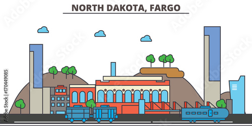 North Dakota, Fargo.City skyline: architecture, buildings, streets, silhouette, landscape, panorama, landmarks. Editable strokes. Flat design line vector illustration concept. Isolated icons