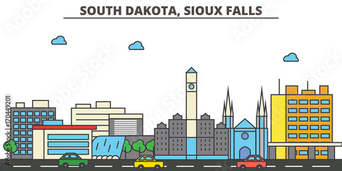 South Dakota, Sioux Falls.City skyline: architecture, buildings, streets, silhouette, landscape, panorama, landmarks. Editable strokes. Flat design line vector illustration concept. Isolated icons photo