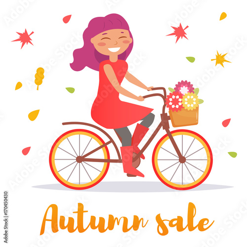 Woman on a bicycle. Autumn. Vector.