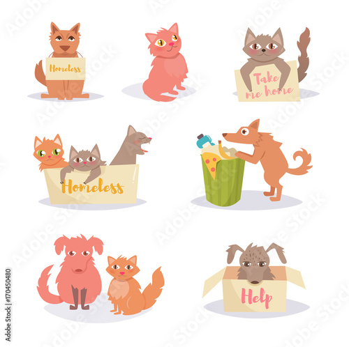 Stray cats and dogs. Homeless. Set, group.
